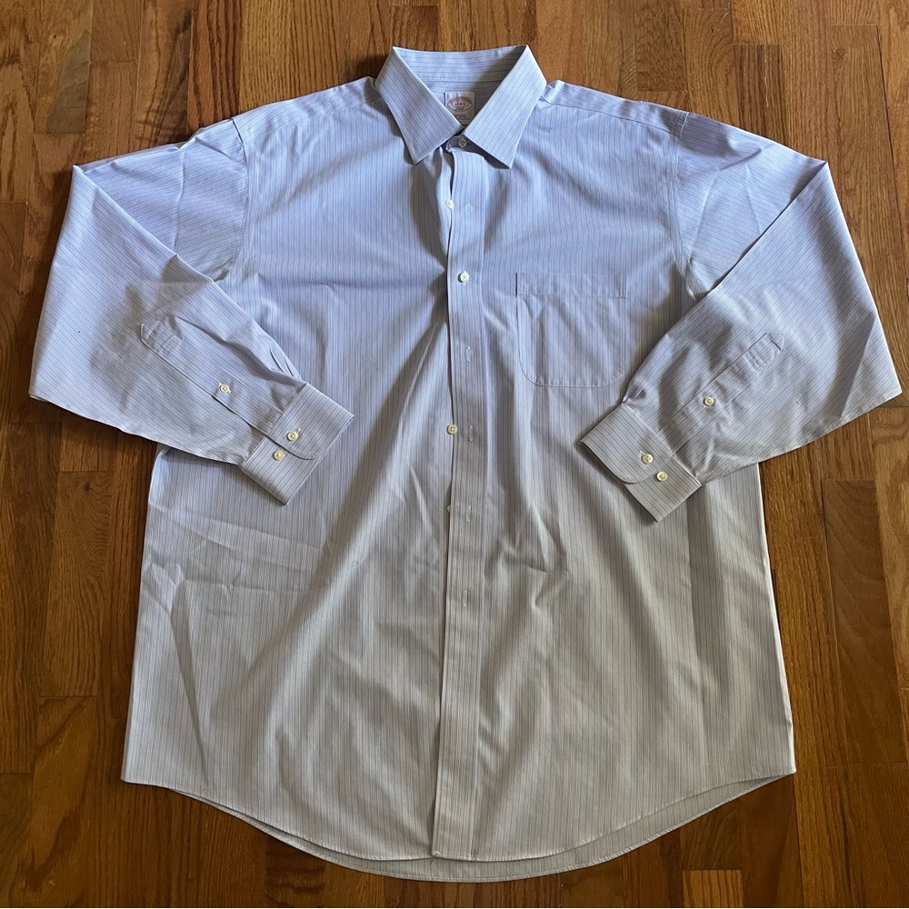 Brooks Brothers 346 Blue & Pink Striped Non-Iron Button Down Dress Shirt, 17–4/5